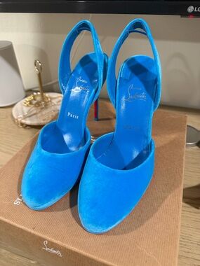 Christian Louboutin Turquoise Blue Velvet Slingback Pumps